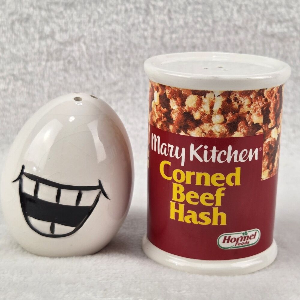 Vtg Hormel Mary Kitchen Corned Beef Hash & Smiling Egg Salt Pepper Shaker Set 3”